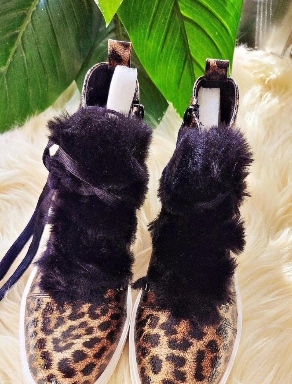 Leopard Print Fur-Trimmed Women's Sneakers